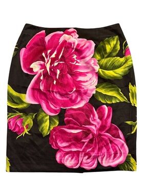 Talbots Collection Silk Cotton Black Pencil Skirt with Bold Pink Floral Print